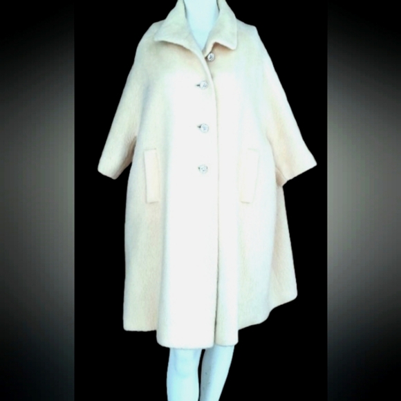 Vintage 60s Mohair Swing Coat Cream White Baskin Rhinestone Buttons Union Made